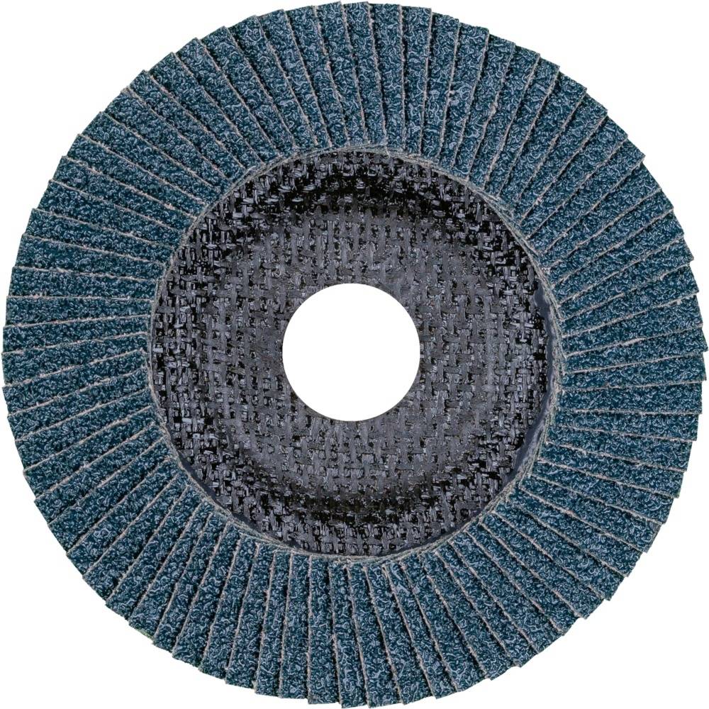 Eine runde, blaue Schleifscheibe mit radial angeordneten Schleifpapierflächen und einem zentralen Loch. Geeignet für Oberflächenbearbeitung.