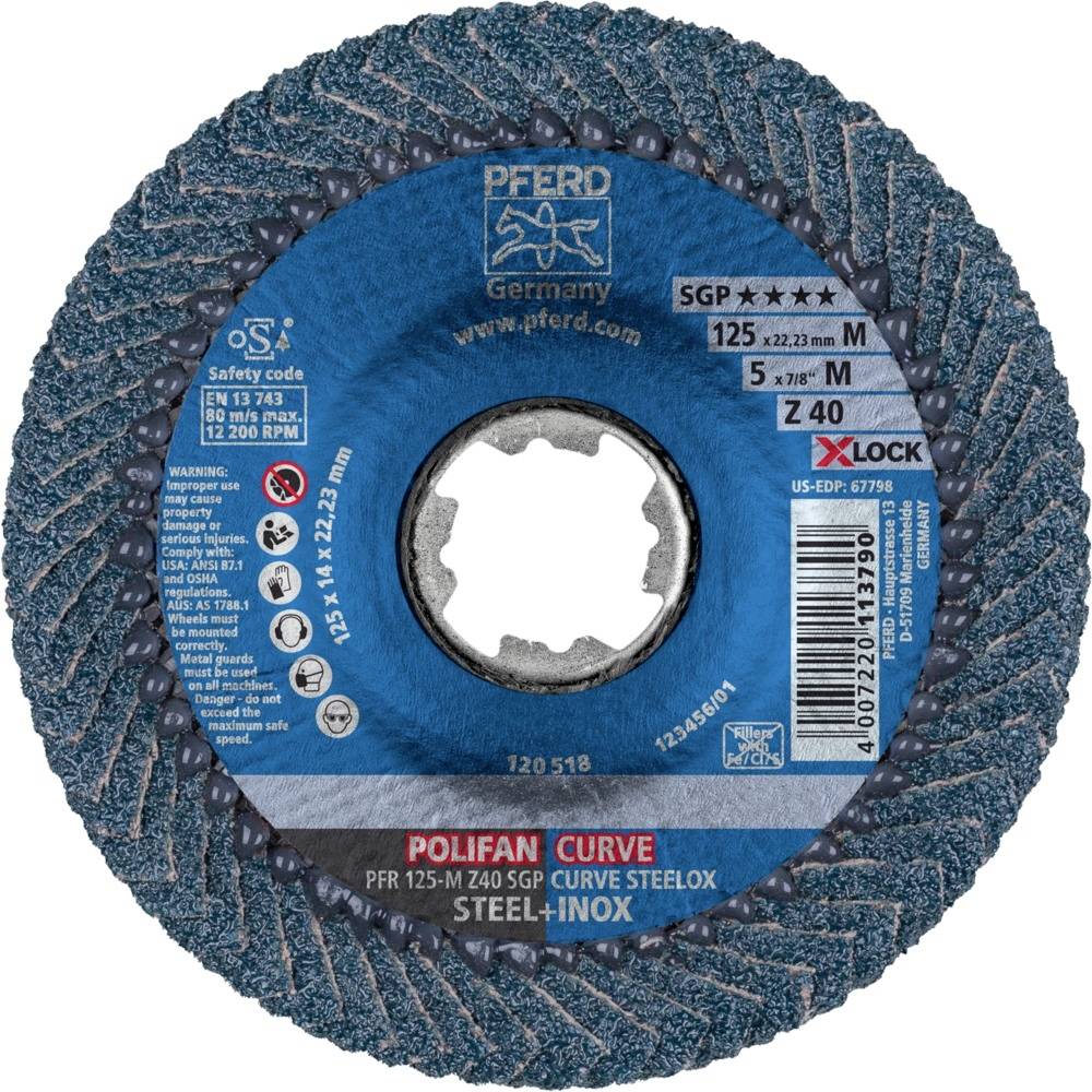 PFERD 67689053PFR 125-M Z 40 SGP CURVE STEELOX/X-LOCK Fächerschleifscheibe Durchmesser 125mm Bohrungs-Ø 22.23mm Edelstahl, Stahl