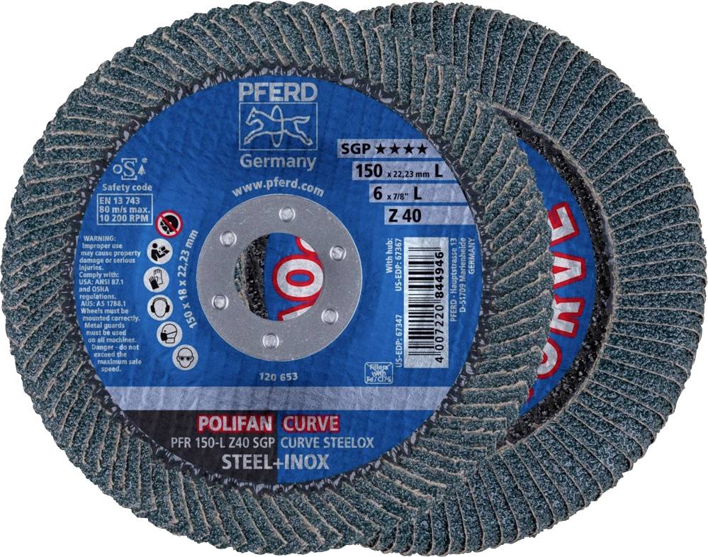 Schleifscheiben mit blauem Etikett für Metallbearbeitung; Marke 'Pferd', Modelle 'Polifan Curve' und Angaben zu Abmessungen und Materialien.