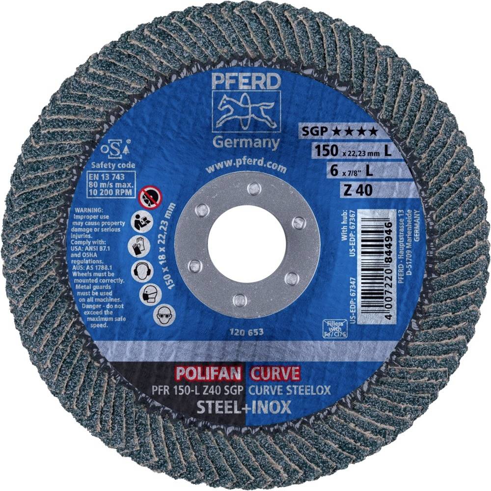 PFERD 67689082PFR 150-L Z 40 SGP CURVE STEELOX Fächerschleifscheibe Durchmesser 150mm Bohrungs-Ø 22.23mm Edelstahl, Stahl 10St.