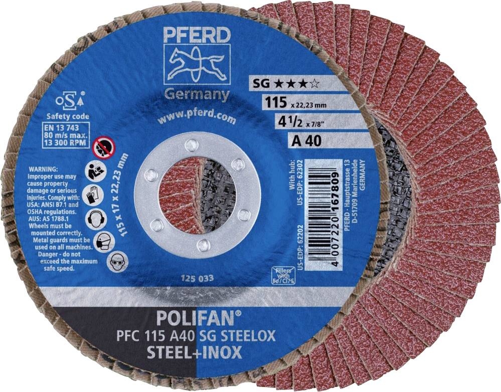 PFERD 67704115PFC 115A 40 SG STEELOX Fächerschleifscheibe Durchmesser 115mm Bohrungs-Ø 22.23mm Edelstahl, Stahl 10St.