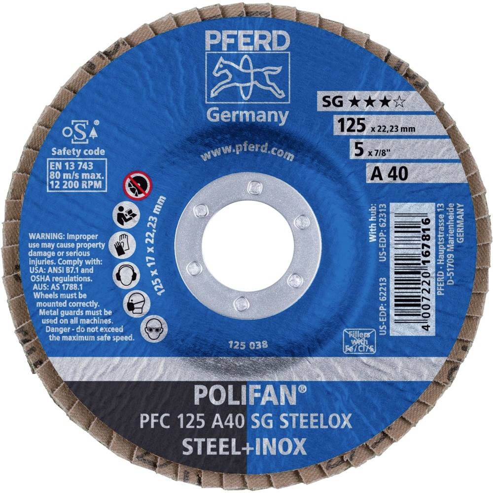PFERD 67704125PFC 125A 40 SG STEELOX Fächerschleifscheibe Durchmesser 125mm Bohrungs-Ø 22.23mm Edelstahl, Stahl 10St.