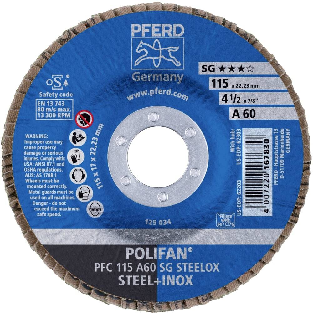Schleifscheibe von PFERD, Modell: Polifan PFC 115 A60 SG Steelex, geeignet für Stahl und Edelstahl. Maße: 115 x 22,23 mm.