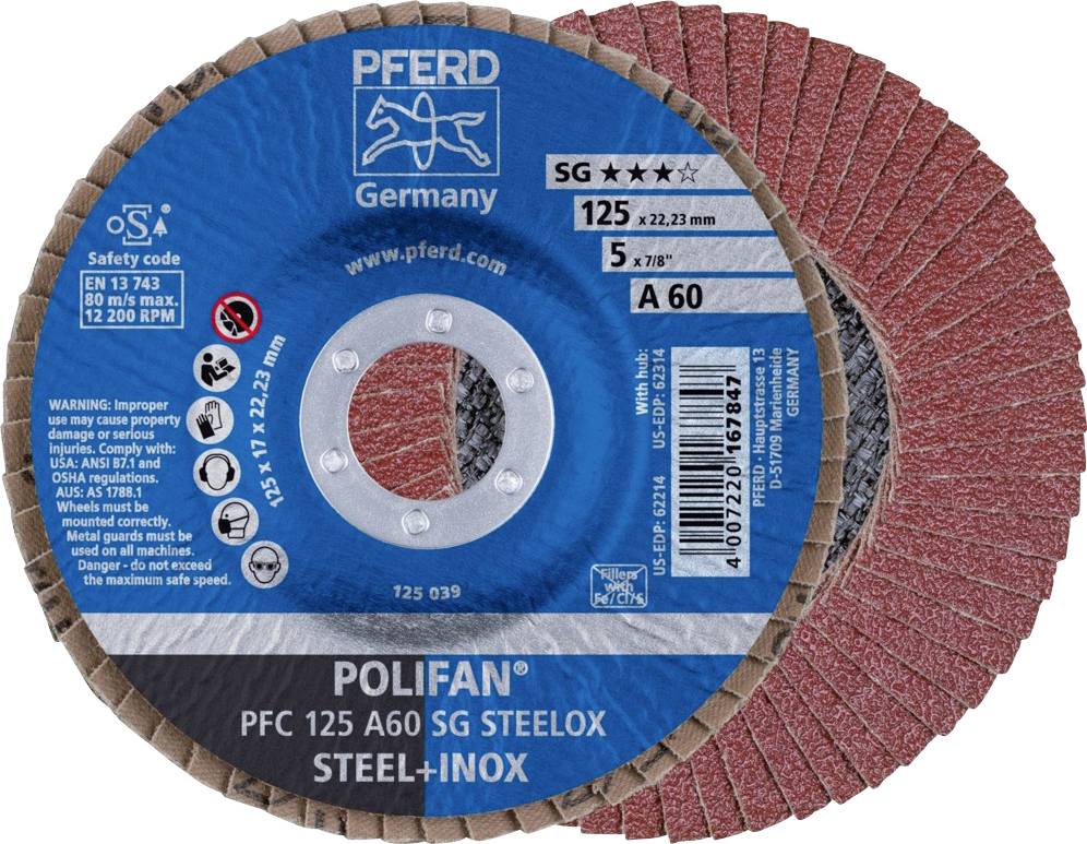 Zwei Lamellenscheiben mit Hülse, Metallgewinde und rotem Schleifbelag. Text: 'Pferd Germany, Polifan, Steel-Inox, 125x22.23 mm'.
