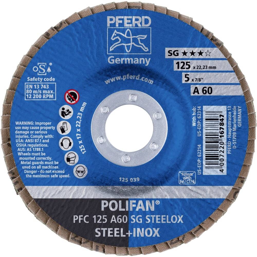 PFERD 67706125PFC 125A 60 SG STEELOX Fächerschleifscheibe Durchmesser 125mm Bohrungs-Ø 22.23mm Edelstahl, Stahl 10St.
