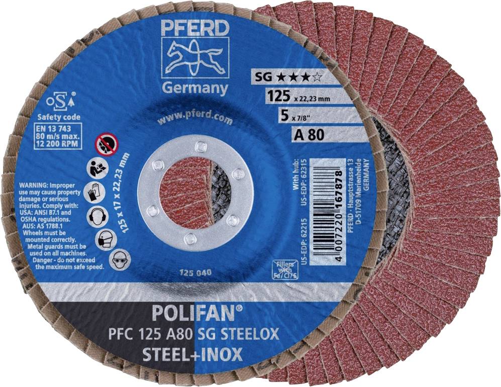 'PFERD POLIFAN' Schleifscheiben mit Aufschrift: 'PFC 125 A80 SG STEELOX STEEL-INOX'. Produkt für das Schleifen von Stahl und Inox.