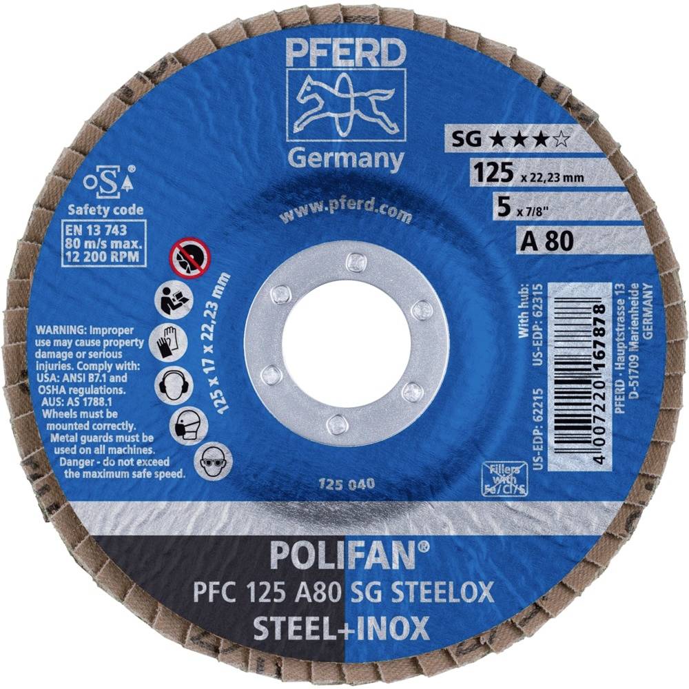 PFERD 67708125PFC 125A 80 SG STEELOX Fächerschleifscheibe Durchmesser 125mm Bohrungs-Ø 22.23mm Edelstahl, Stahl 10St.