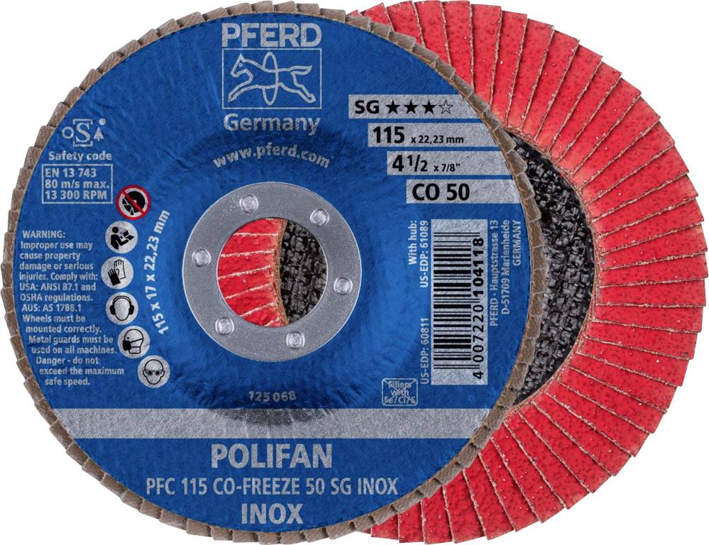 PFERD 67711550PFC 115 CO-FREEZE 50 SG INOX Fächerschleifscheibe Durchmesser 115mm Bohrungs-Ø 22.23mm Nickelbasislegierung