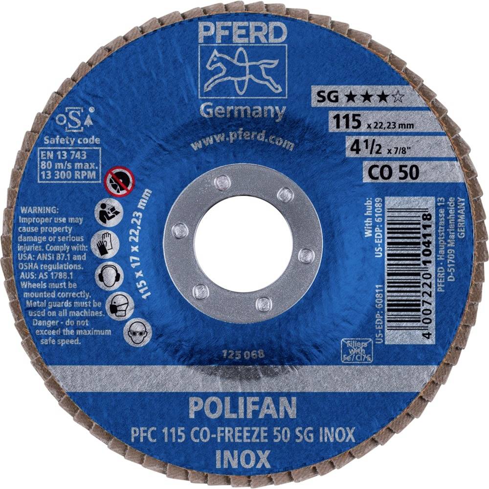 PFERD 67711550PFC 115 CO-FREEZE 50 SG INOX Fächerschleifscheibe Durchmesser 115mm Bohrungs-Ø 22.23mm Nickelbasislegierung