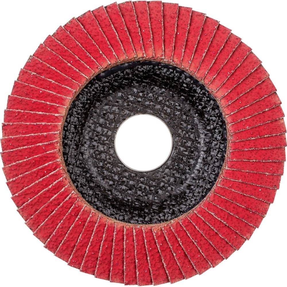 Ein runder Schleifaufsatz mit roten, überlappenden Lamellen, geeignet für Schleifmaschinen zum Glätten von Oberflächen.