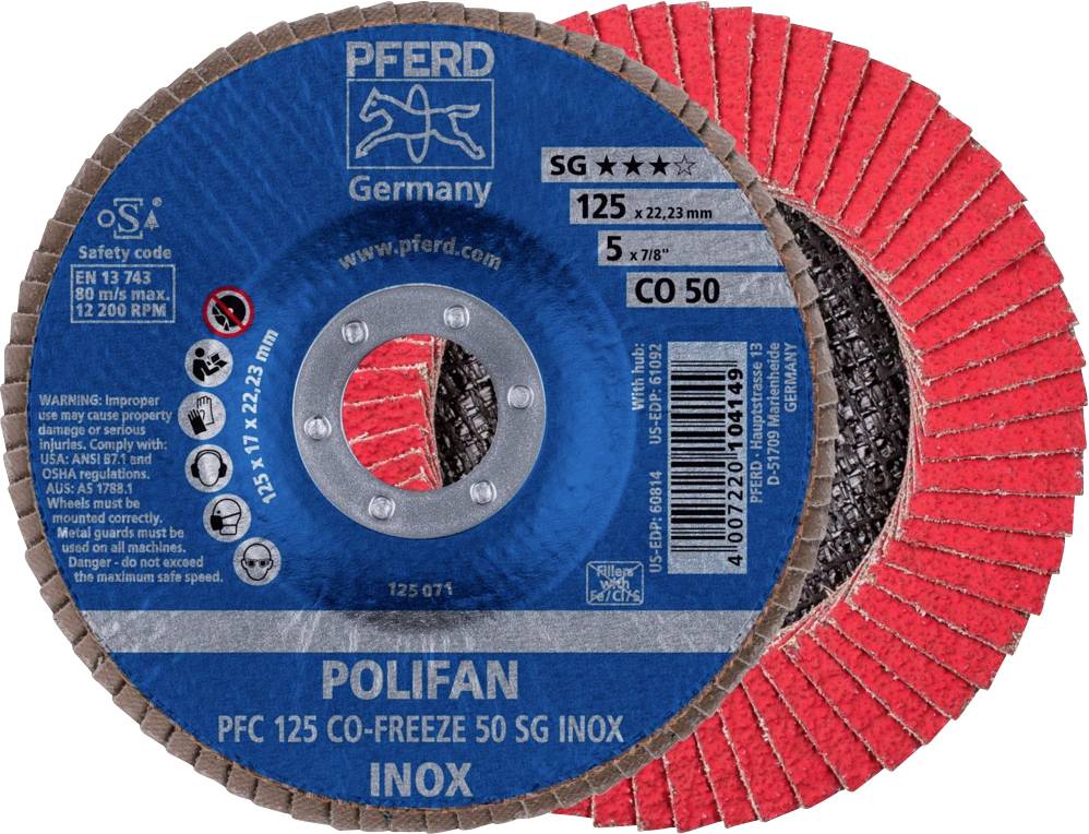 'PFERD POLIFAN PFC 125 CO-FREEZE 50 SG INOX' Lamellenscheibe, rund, rot, 125 mm Durchmesser, geeignet für Edelstahlbearbeitung.