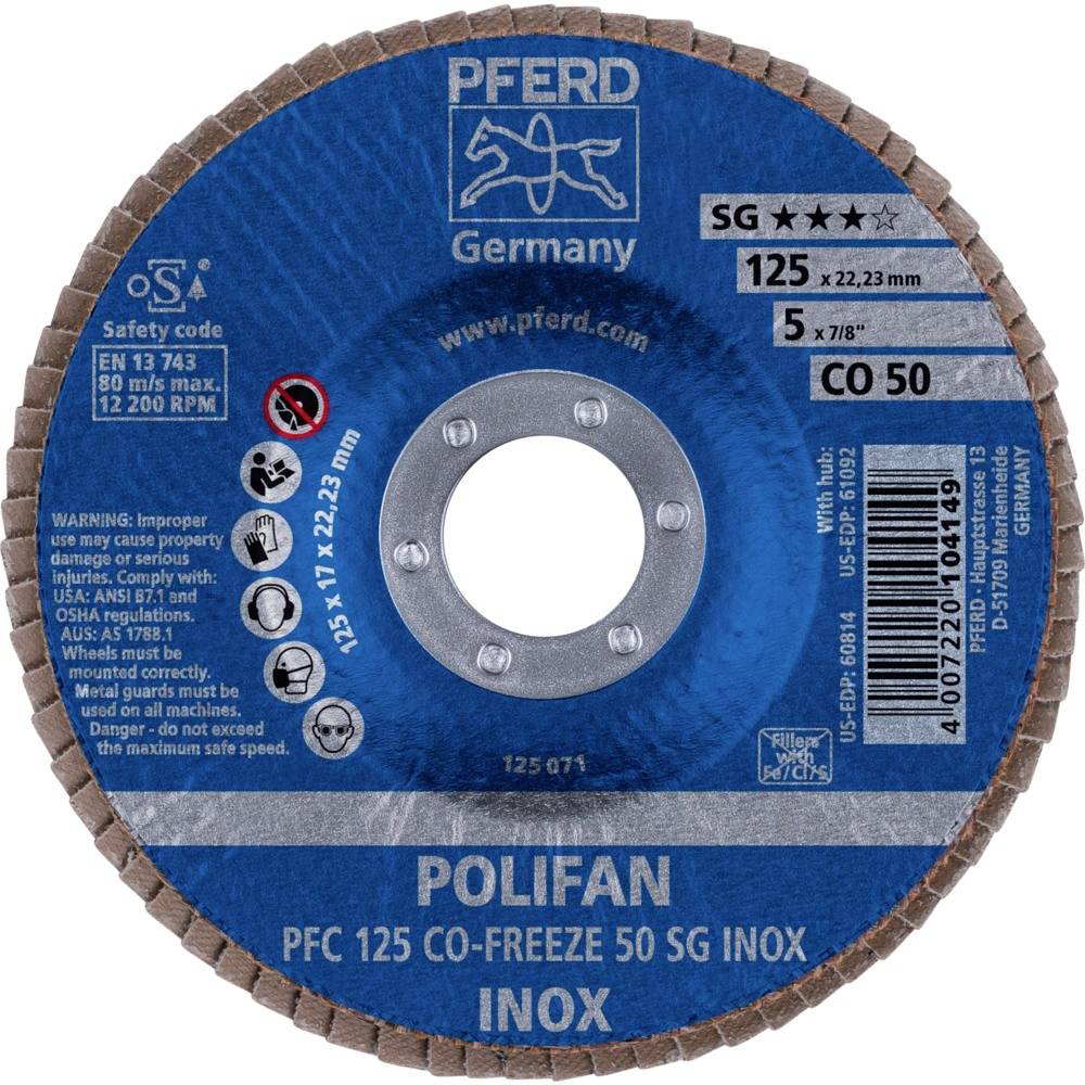 Polifan-Scheibe von Pferd, Modell PFC 125 CO-Freeze 50 SG Inox, 125x22,23 mm, max. 12200 U/min, für Stahlbearbeitung.