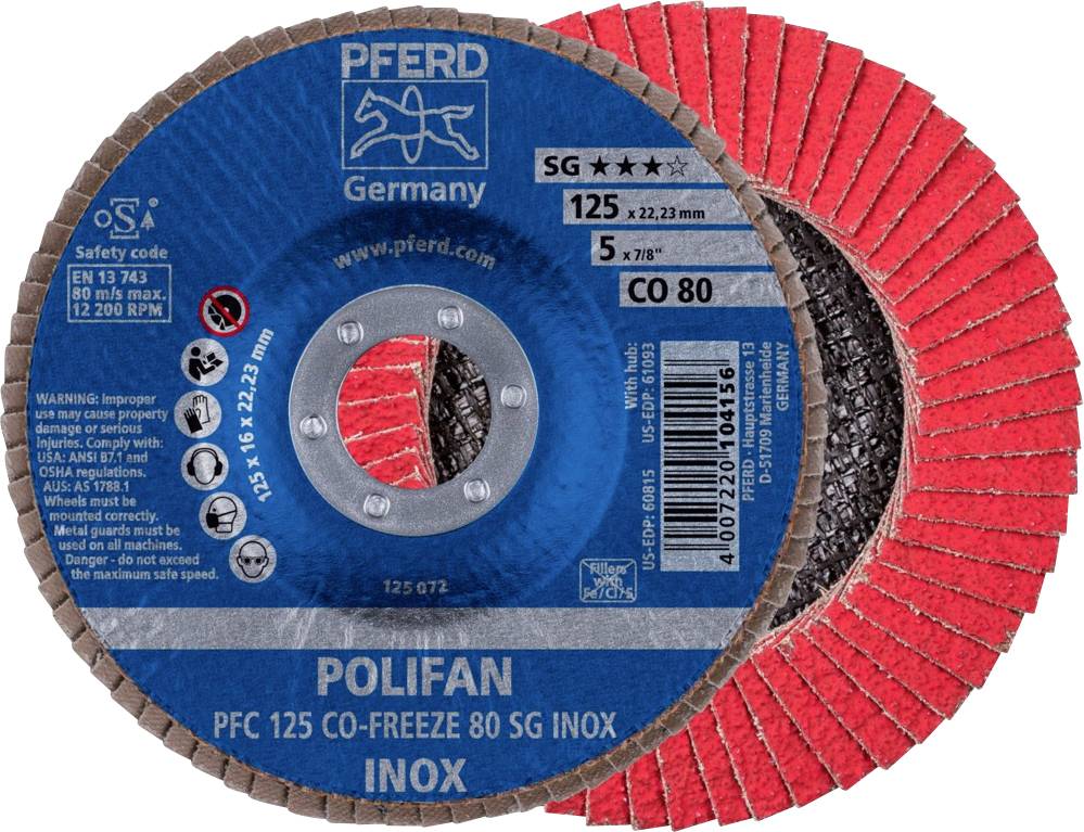 'POLIFAN Fächerscheibe' von PFERD Germany, Typ: PFC 125 CO-FREEZE 80 SG INOX, Durchmesser: 125 mm, maximale Drehzahl: 12.200 U/min.