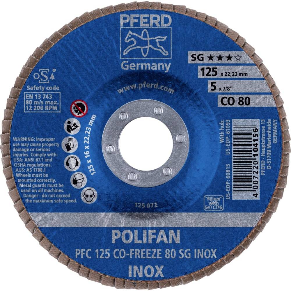 PFERD 67712580PFC 125 CO-FREEZE 80 SG INOX Fächerschleifscheibe Durchmesser 125mm Bohrungs-Ø 22.23mm Nickelbasislegierung
