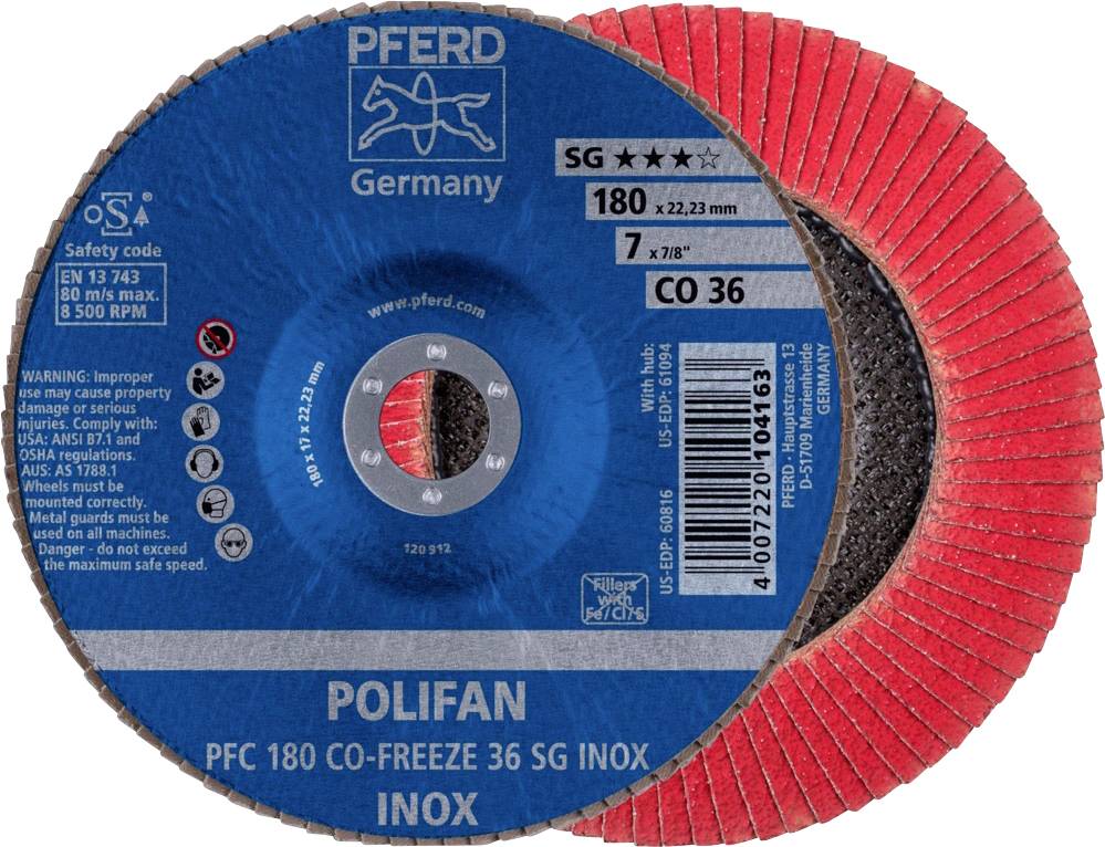 Eine PFERD Polifan Schleifscheibe, Modellnummer PFC 180 CO-FREEZE 36 SG INOX, mit Warnhinweisen und Anwendungsspezifikationen.