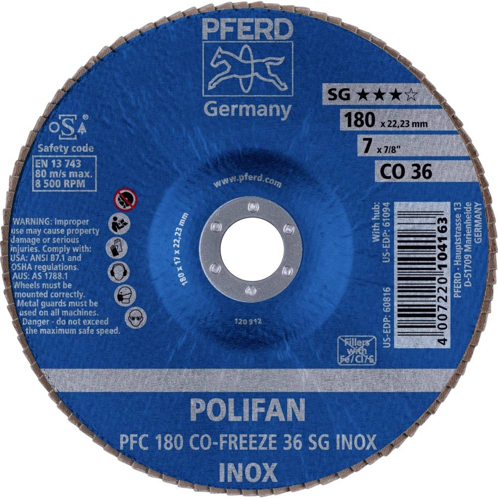 PFERD 67718036PFC 180 CO-FREEZE 36 SG INOX Fächerschleifscheibe Durchmesser 180mm Bohrungs-Ø 22.23mm Nickelbasislegierung