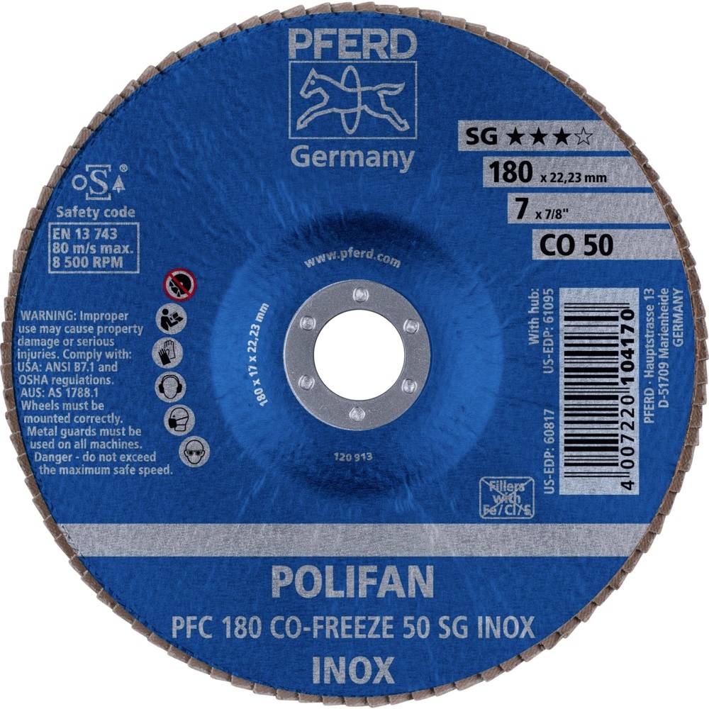 PFERD 67718050PFC 180 CO-FREEZE 50 SG INOX Fächerschleifscheibe Durchmesser 180mm Bohrungs-Ø 22.23mm Nickelbasislegierung