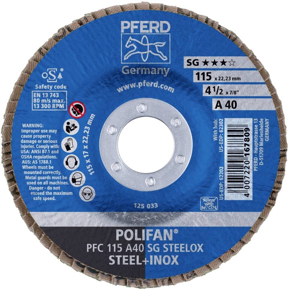 PFERD 67744115PFC 115A 40 PSF STEELOX Fächerschleifscheibe Durchmesser 115mm Bohrungs-Ø 22.23mm Edelstahl, Stahl 10St.