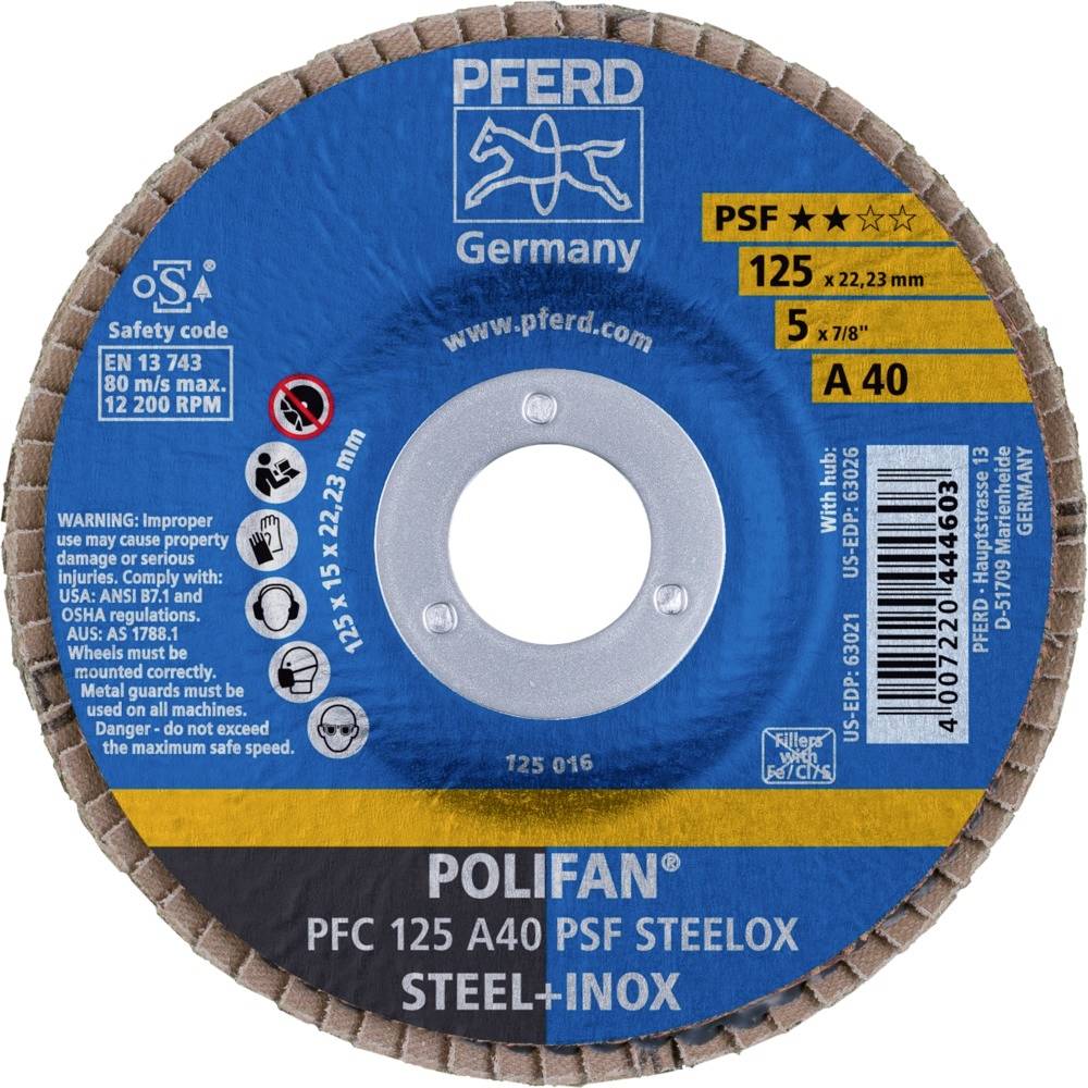 'POLIFAN PFC 125 A40 PSF' Trennscheibe, Durchmesser 125 mm, für Stahl und Inox. Sicherheitshinweise: Max. 12.200 U/min.