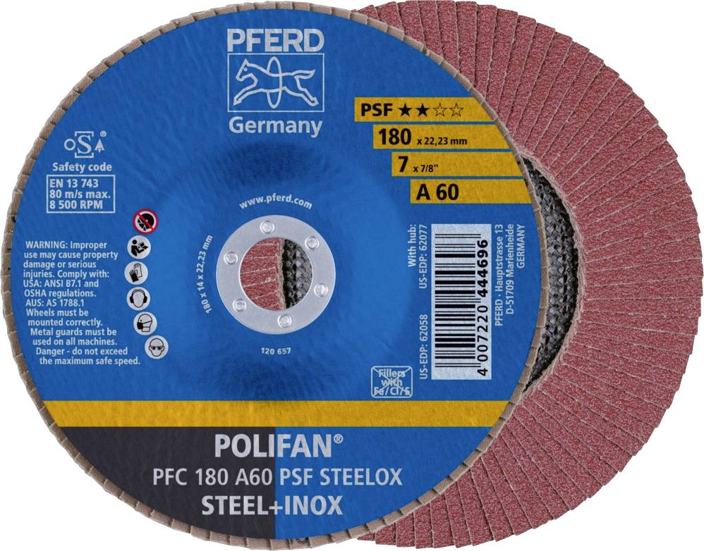Schleifscheibe 'PFERD Polifan PSF', Durchmesser 180 mm, A60 Körnung, geeignet für Stahl und Inox, mit Sicherheits- und Anwendungshinweisen.