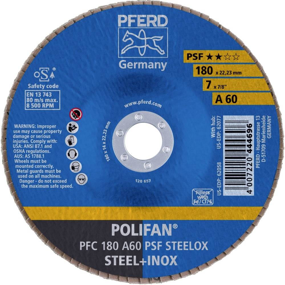 PFERD 67746185PFC 180A 60 PSF STEELOX Fächerschleifscheibe Durchmesser 180mm Bohrungs-Ø 22.23mm Edelstahl, Stahl 10St.