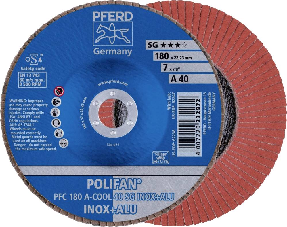 PFERD TOOLS 67754185PFC 180 A-COOL 40 SG INOX+ALU Fächerschleifscheibe Durchmesser 180mm Bohrungs-Ø 22.23mm Aluminium, NE-Metalle
