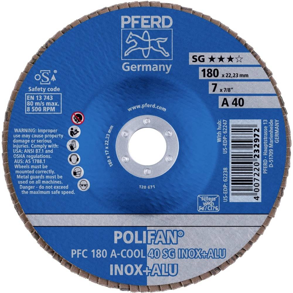 PFERD TOOLS 67754185PFC 180 A-COOL 40 SG INOX+ALU Fächerschleifscheibe Durchmesser 180mm Bohrungs-Ø 22.23mm Aluminium, NE-Metalle