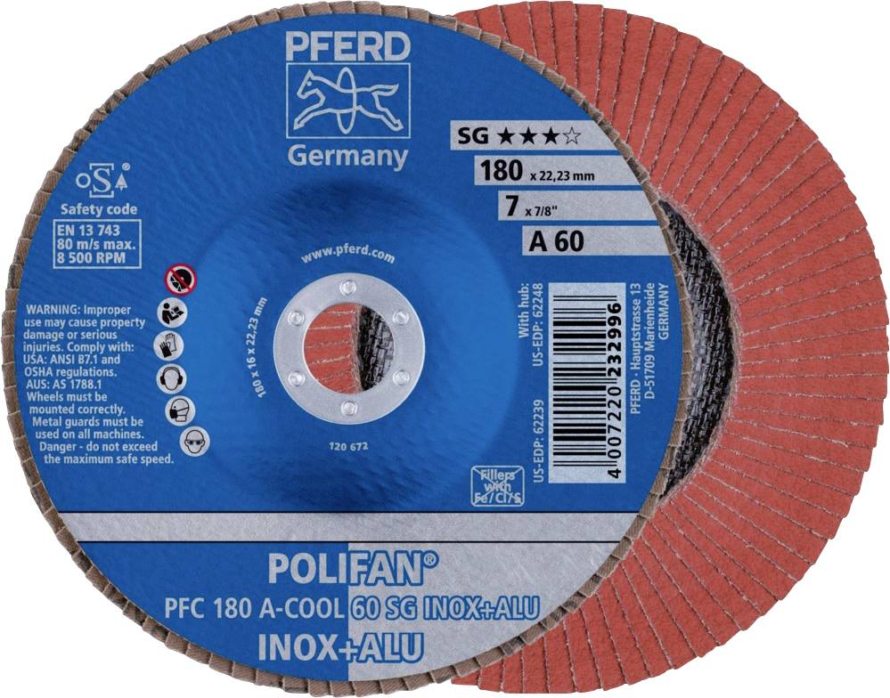 PFERD 67756185PFC 180 A-COOL 60 SG INOX+ALU Fächerschleifscheibe Durchmesser 180mm Bohrungs-Ø 22.23mm Aluminium, NE-Metalle