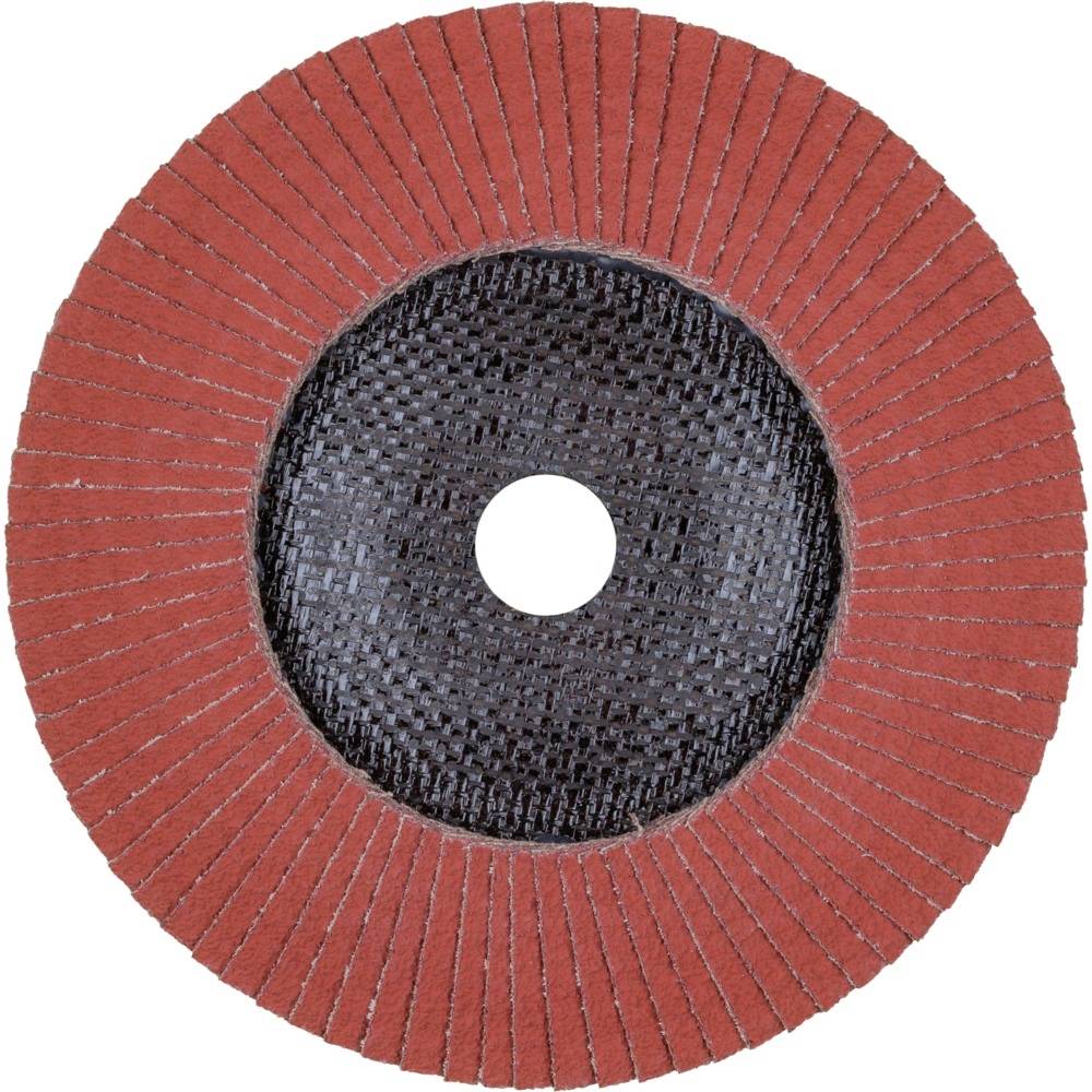 Ein roter Schleifmop mit einem schwarzen Mittelloch, radial angeordnet, für Polier- und Schleifarbeiten auf Metalloberflächen.