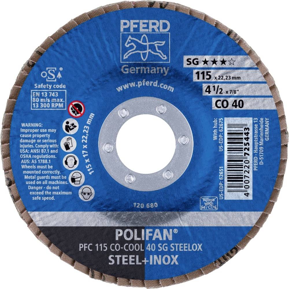 PFERD 67760415PFC 115 CO-COOL 40 SG STEELOX Fächerschleifscheibe Durchmesser 115mm Bohrungs-Ø 22.23mm Aluminiumlegierung