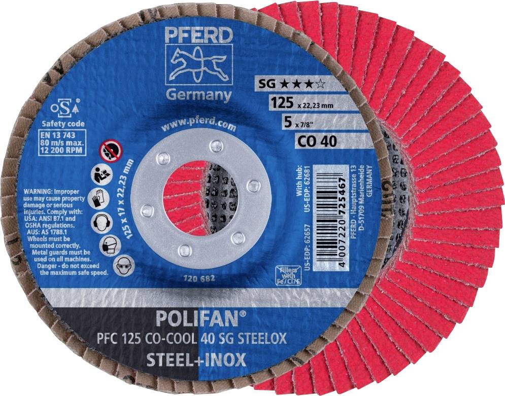 Eine rot-blaue Schleifscheibe der Marke PFERD mit der Aufschrift 'POLIFAN PFC 125 CO-COOL 40 SG STEELOX'.