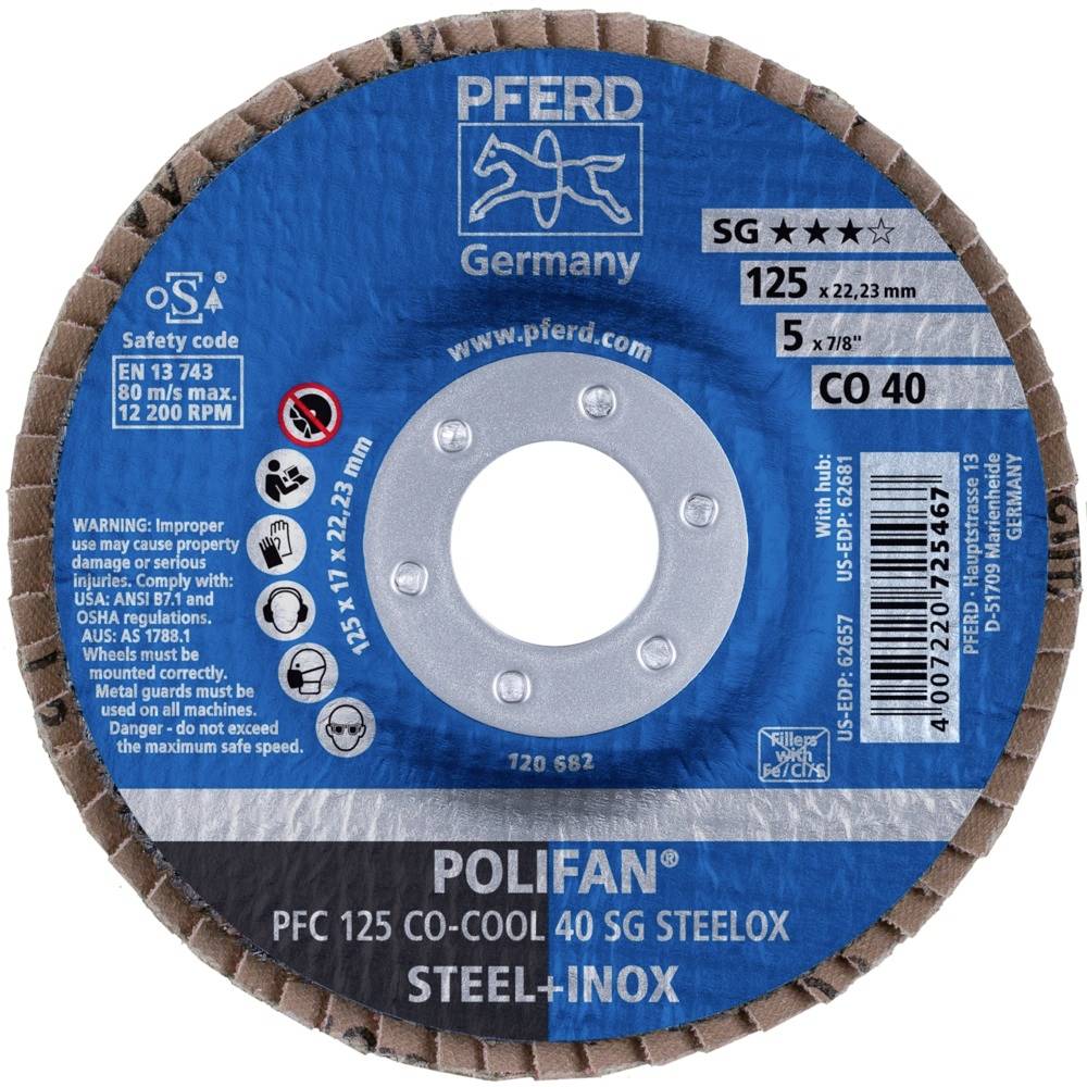 PFERD 67760425PFC 125 CO-COOL 40 SG STEELOX Fächerschleifscheibe Durchmesser 125mm Bohrungs-Ø 22.23mm Aluminiumlegierung