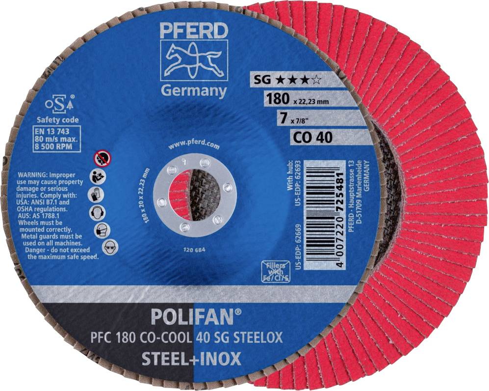 PFERD 67760485PFC 180 CO-COOL 40 SG STEELOX Fächerschleifscheibe Durchmesser 180mm Bohrungs-Ø 22.23mm Aluminiumlegierung