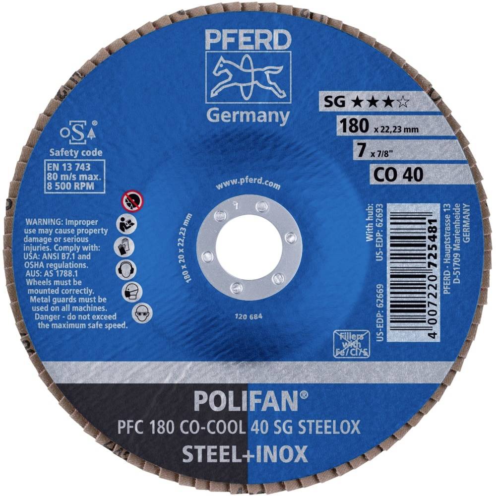PFERD 67760485PFC 180 CO-COOL 40 SG STEELOX Fächerschleifscheibe Durchmesser 180mm Bohrungs-Ø 22.23mm Aluminiumlegierung