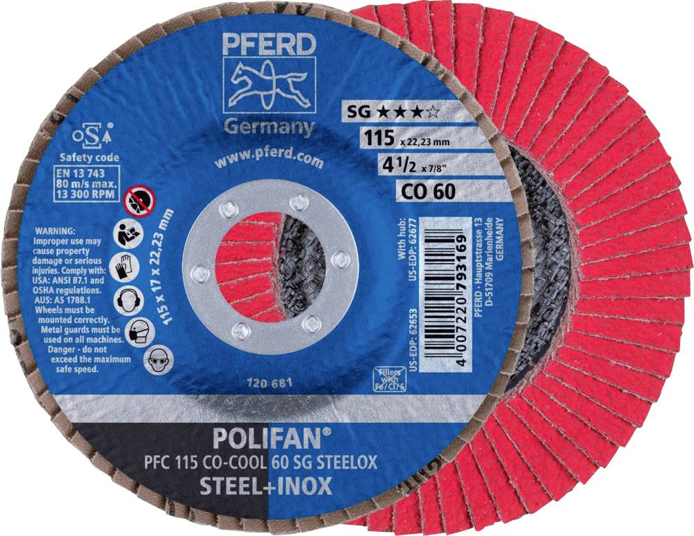 Das Bild zeigt eine Polierscheibe der Marke PFERD, Modell POLIFAN PFC 115 CO-COOL 60 SG STEELOX. Eigenschaften: 115 mm Durchmesser, 22,23 mm Loch, geeignet für Stahl und Inox.