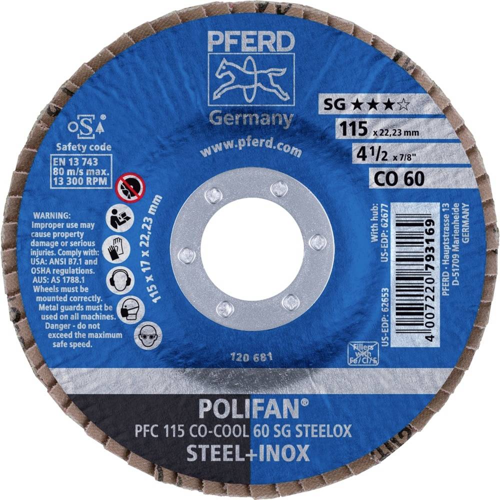 Schleifscheibe der Marke 'Pferd', Modell 'Polifan Co-Cool', mit Spezifikationen: 115x22,23 mm, 13300 U/min, Korn CO 60, für Stahl und Inox.