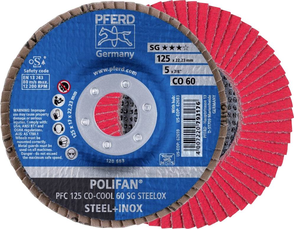 Schleifscheibe 'PFERD Polifan', geeignet für Stahl, 125 mm Durchmesser, max. 12.200 U/min, in Deutschland hergestellt.