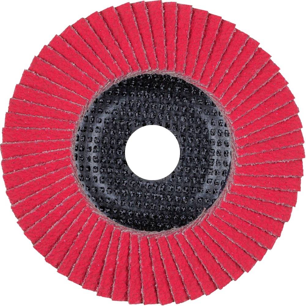 Eine rote Schleifscheibe mit einem Mittelteil in Schwarz, bestehend aus vielen Fächern, die von der Mitte nach außen verlaufen.