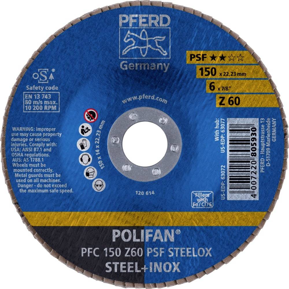 PFERD 67766150PFC 150 Z 60 PSF STEELOX Fächerschleifscheibe Durchmesser 150mm Bohrungs-Ø 22.23mm Edelstahl, Stahl 10St.