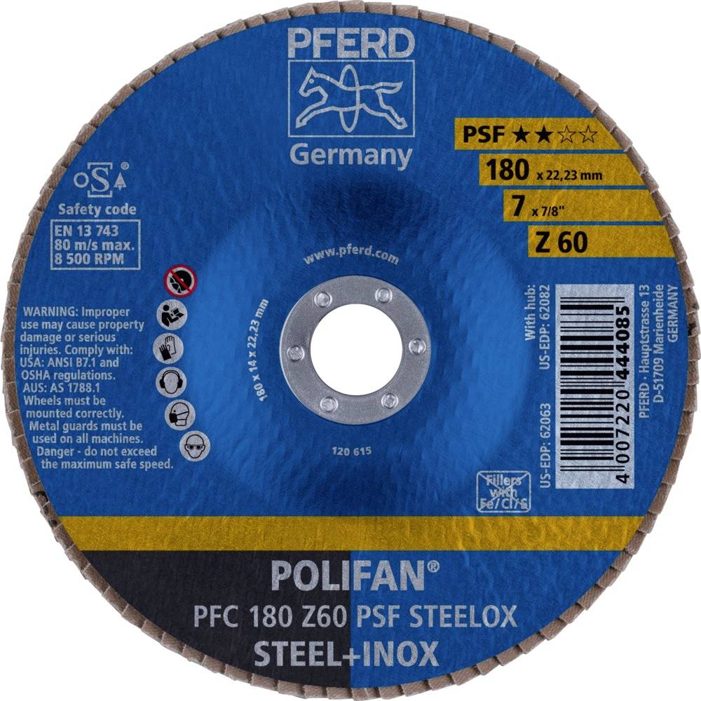 'Polifan PFC 180 Z60' Schleifscheibe von Pferd für Stahl-Inox. Durchmesser: 180 mm. Drehzahl: max. 80 m/s, max. 8500 U/min.