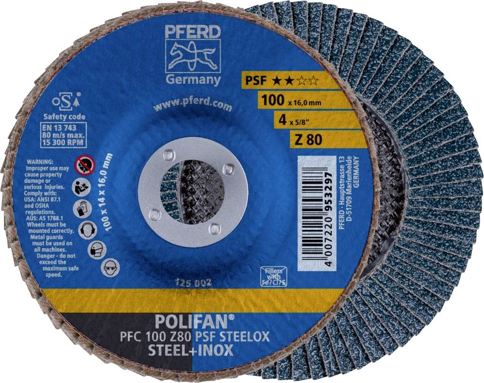 PFERD 67768100PFC 100 Z 80 PSF STEELOX/16,0 Fächerschleifscheibe Durchmesser 100mm Bohrungs-Ø 16mm Edelstahl, Stahl 10St.