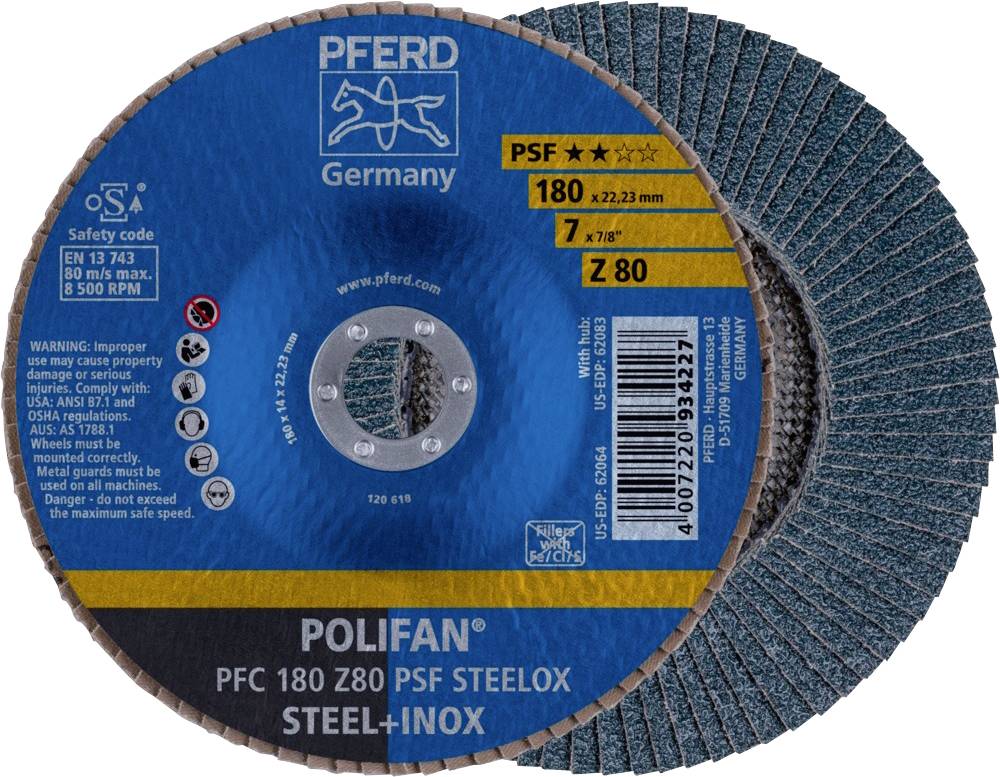 PFERD 67768185PFC 180 Z 80 PSF STEELOX Fächerschleifscheibe Durchmesser 180mm Bohrungs-Ø 22.23mm Edelstahl, Stahl 10St.