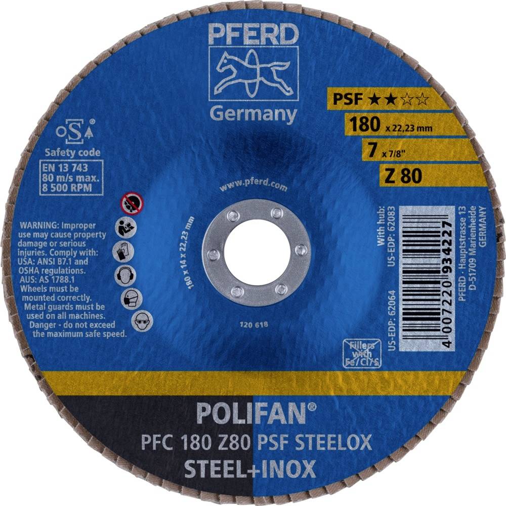 PFERD 67768185PFC 180 Z 80 PSF STEELOX Fächerschleifscheibe Durchmesser 180mm Bohrungs-Ø 22.23mm Edelstahl, Stahl 10St.
