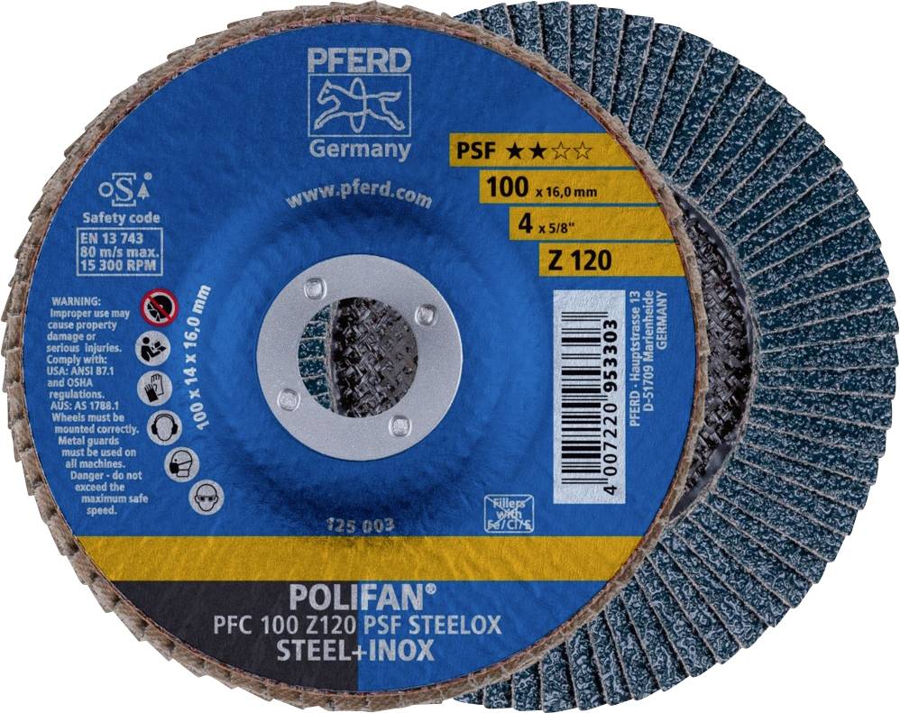 Schleifscheibe von Pferd mit blauem Etikett, Aufschrift: 'POLIFAN PFC 100 Z120 PSF STEELOX STEEL-INOX'. enthält Sicherheitsinformationen.