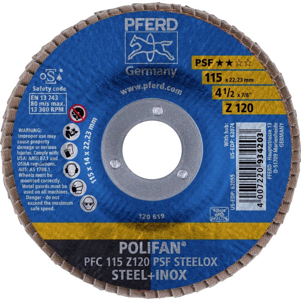 Schleifscheibe 'Pferd', Modell 'Polifan PFC 115 Z120 PSF SteeLox', Durchmesser 115 mm, für Stahl und Edelstahl.