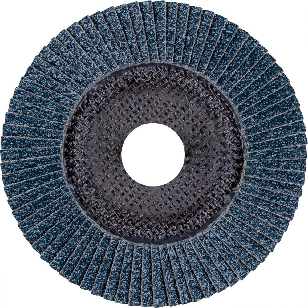 Schleifscheibe mit zahlreichen abgerundeten Lamellen, die kreisförmig um ein zentrales Loch angeordnet sind. Sie dient zum Materialabtrag.