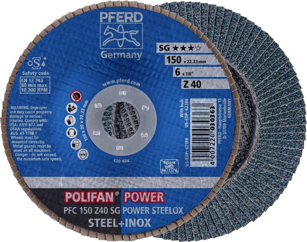 Schleifscheiben-Aufkleber mit Spezifikationen: Marke 'Pferd', Durchmesser 150 mm, Körnung 40, für Stahl-Inox geeignet.