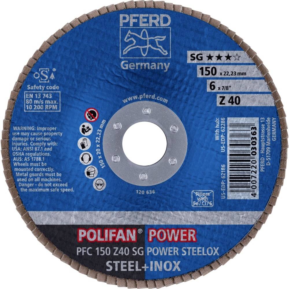 PFERD TOOLS 67784150PFC 150 Z 40 SG POWER STEELOX Fächerschleifscheibe Durchmesser 150mm Bohrungs-Ø 22.23mm Edelstahl, Stahl 10St.