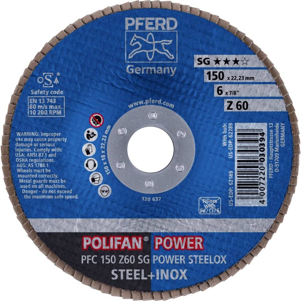 PFERD 67786150PFC 150 Z 60 SG POWER STEELOX Fächerschleifscheibe Durchmesser 150mm Bohrungs-Ø 22.23mm Edelstahl, Stahl 10St.