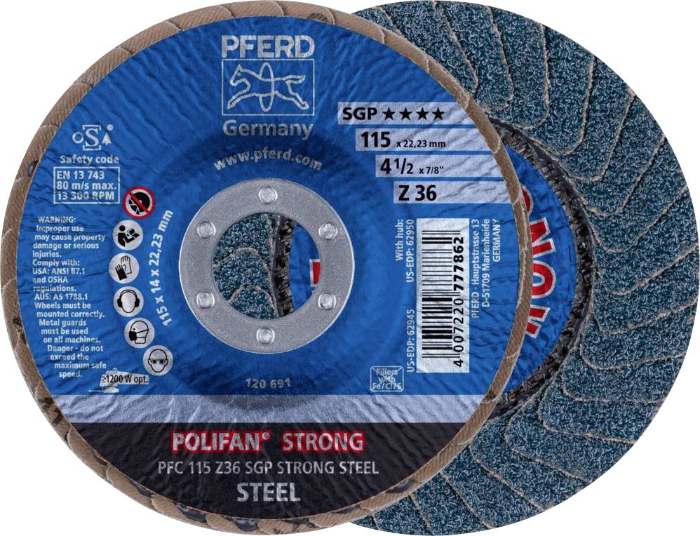Schleifscheibe mit der Aufschrift 'POLIFAN STRONG SGP STEEL', geeignet für Stahlbearbeitung. Hersteller: PFERD Germany.